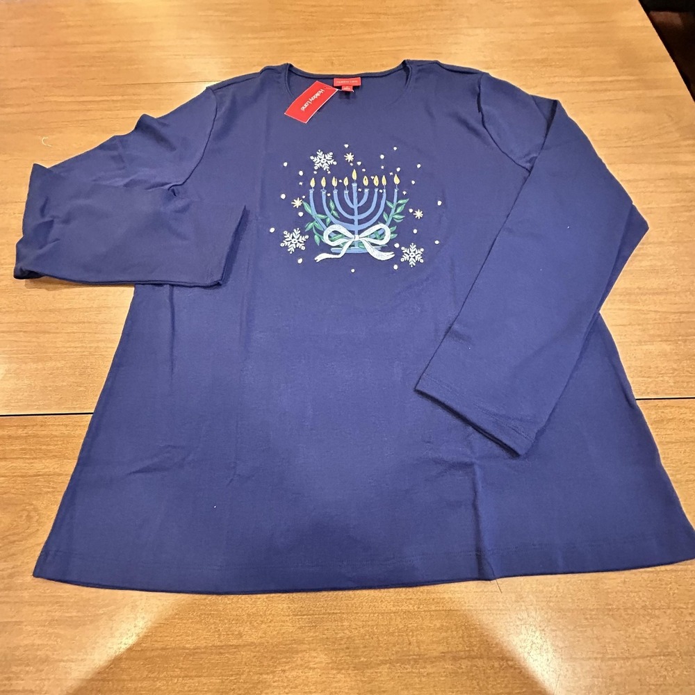 Holiday Lane Shirt Womens 1X Blue Hanukkah Menorah Festival Of Lights L/S NWT
